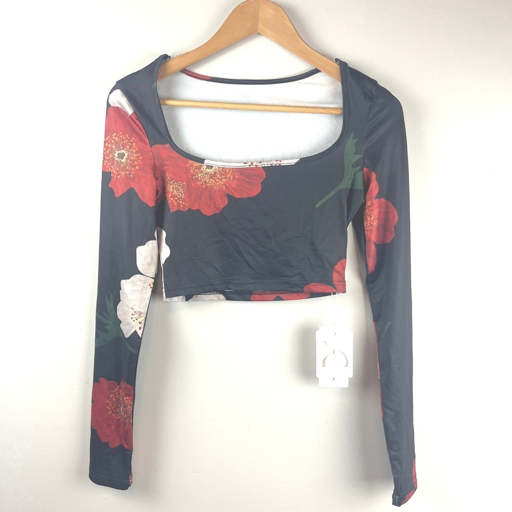 NWT Commense Black Red Floral Two Piece Maxi Skirt Crop Top Small - Picture 2 of 9